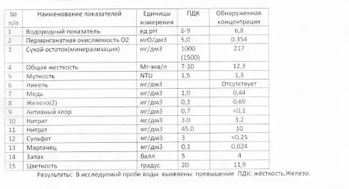 Фрагмент протокола 2020 года: таблица результатов анализа воды